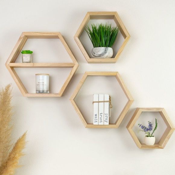 Floating Shelves - Natural Hexagon Shelves Set of 4 - wall decor - Picture 6 of 10